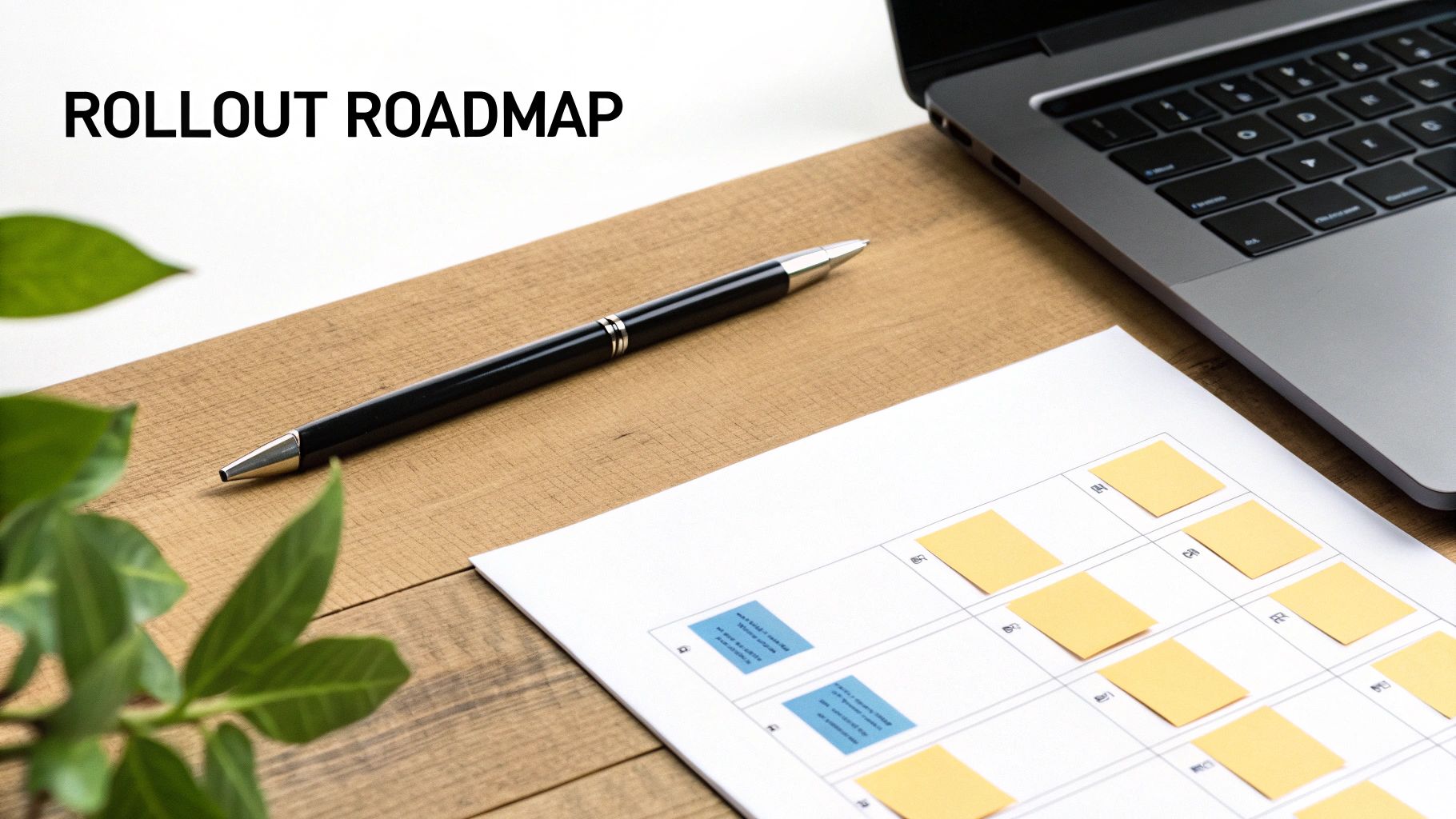 A detailed view of a desk featuring a laptop, pen, and a document outlining a rollout roadmap.