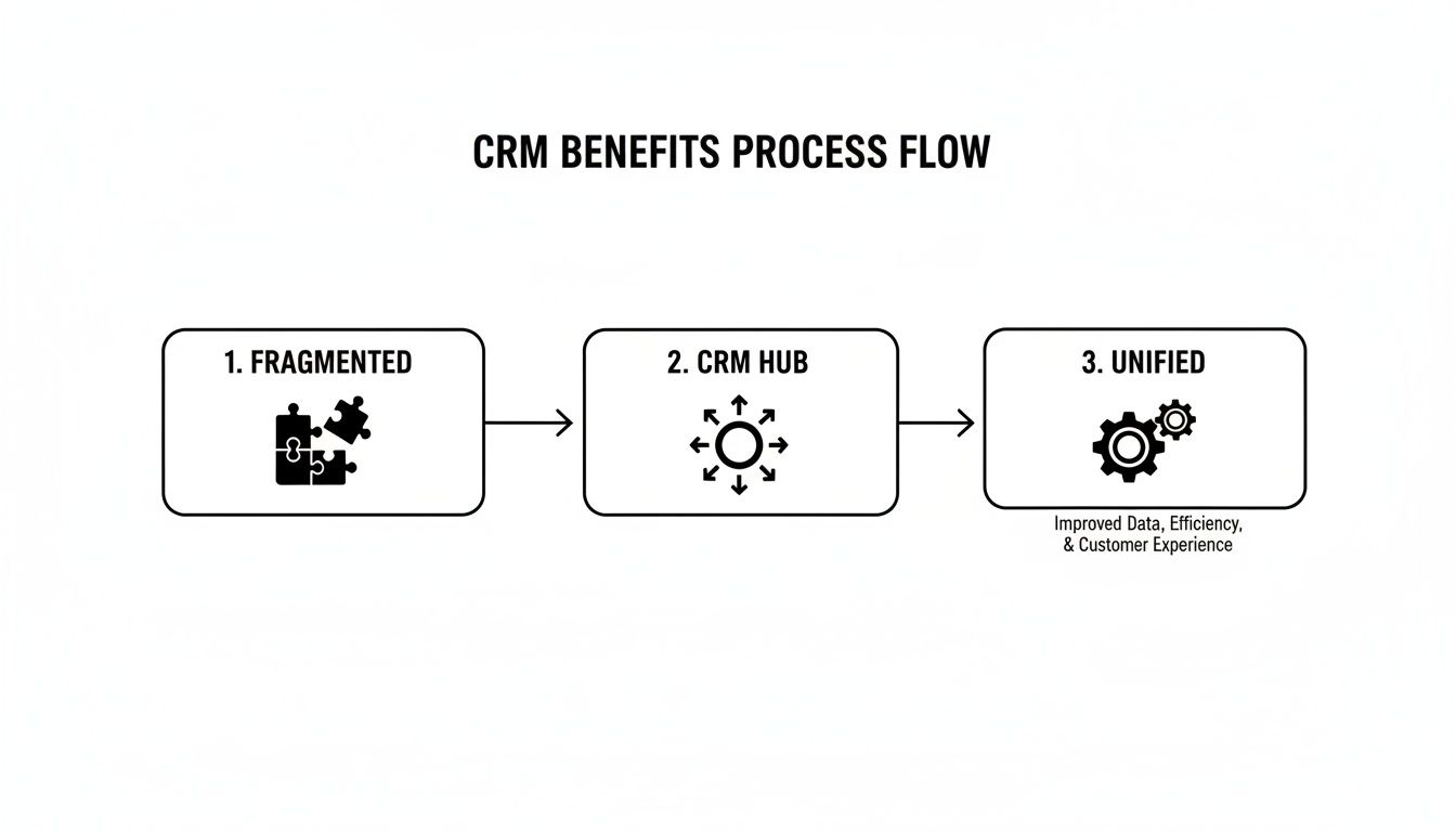 CRM benefits process flow from fragmented systems to a unified hub, improving data and customer experience.