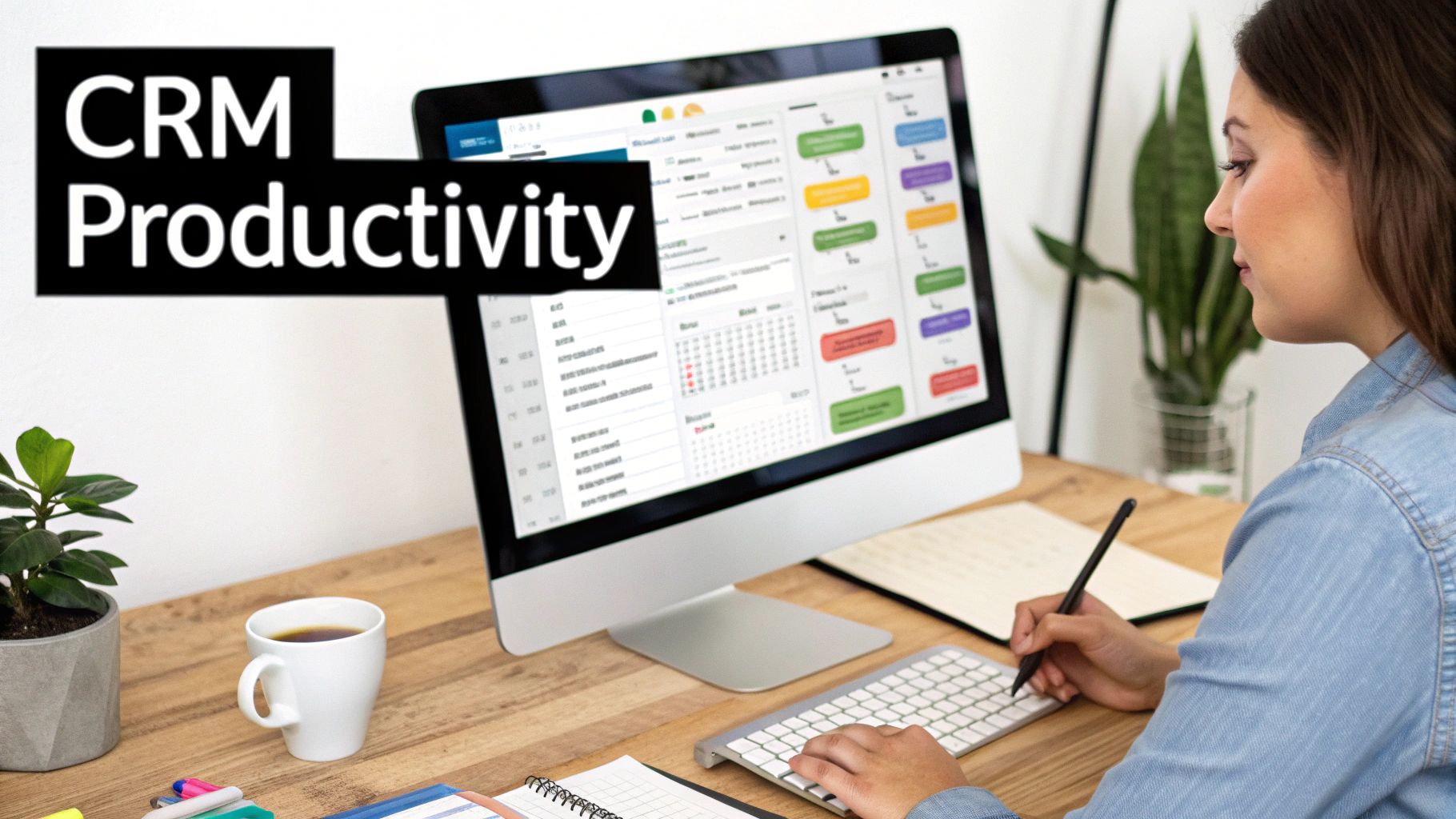 Professional woman efficiently managing tasks on a CRM system, boosting sales team productivity.