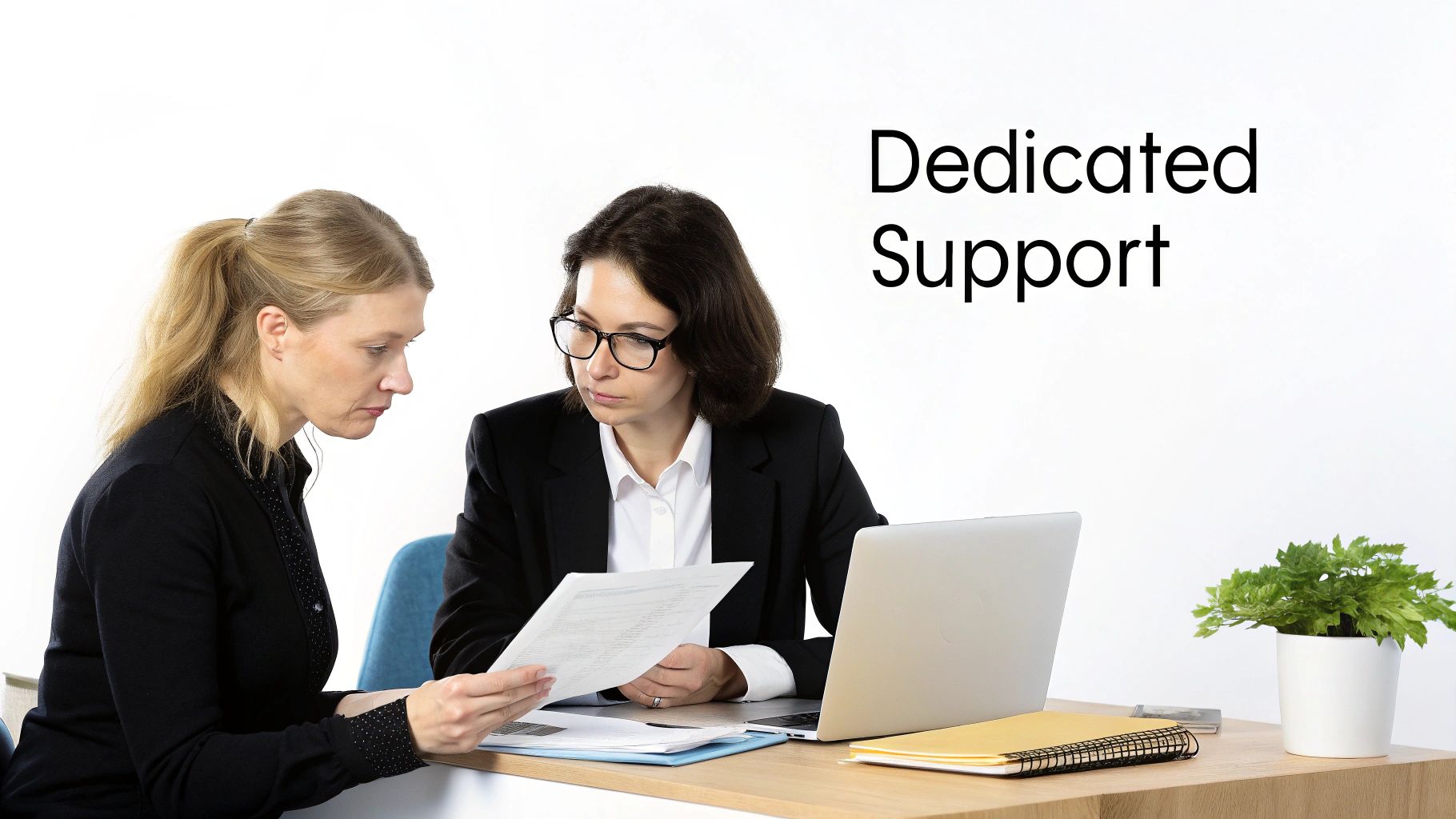 Two businesswomen, one with glasses, collaboratively reviewing documents at a desk with a laptop and a plant.