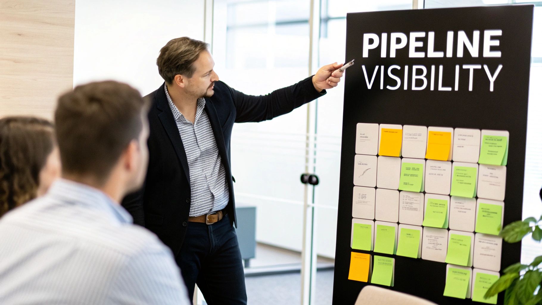 A sales manager points at a 'Pipeline Visibility' board during a presentation to a team.