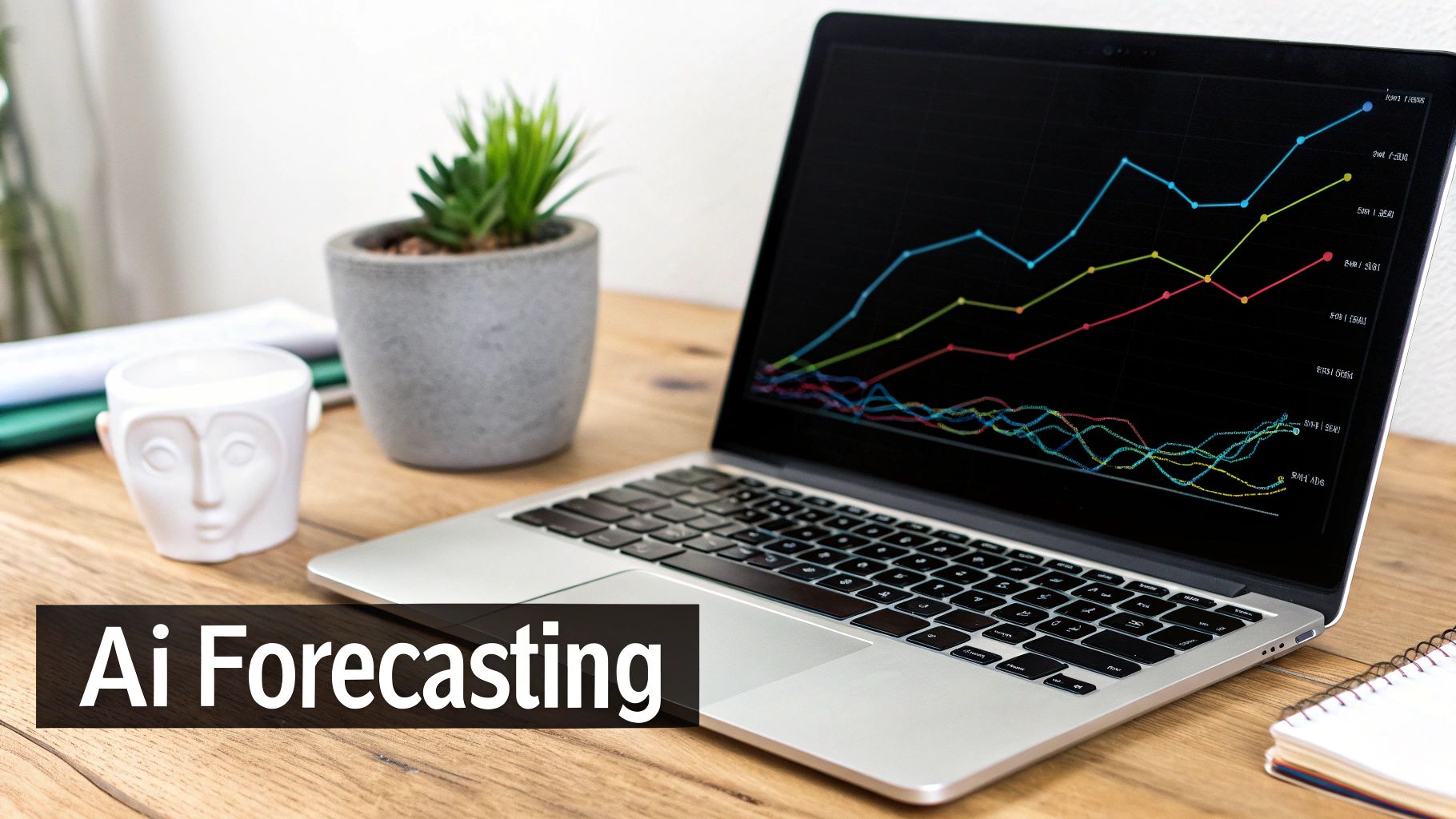 A laptop on a wooden desk displays financial charts for AI forecasting, beside a small plant.