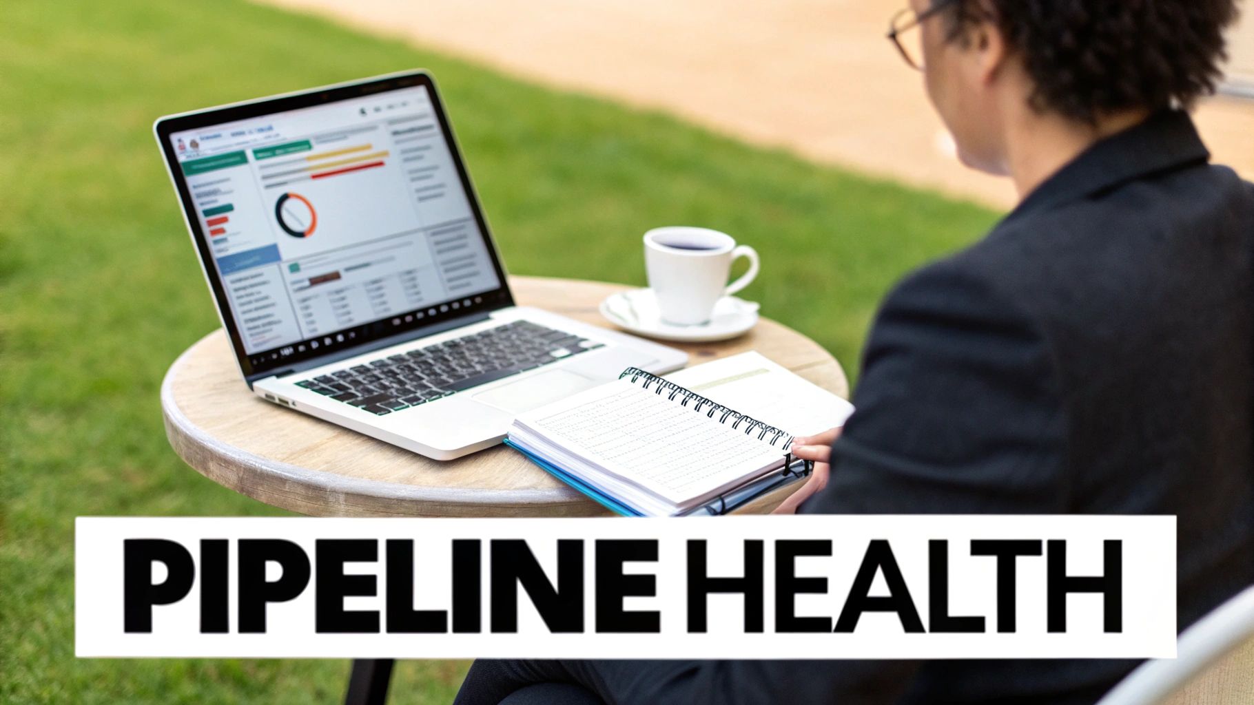 A person works outdoors on a laptop displaying a data dashboard, with a coffee cup and notebook. Text reads 'PIPELINE HEALTH'.