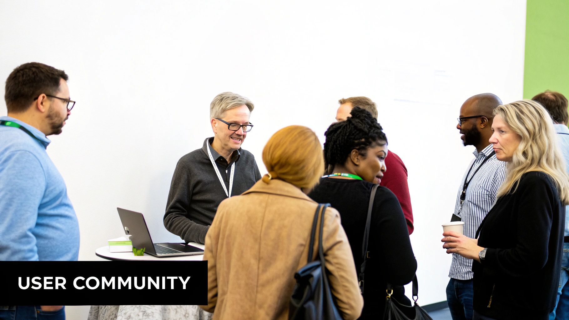 A diverse group of professionals networking and conversing at a user community event.