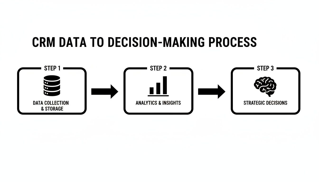 A flowchart illustrates the CRM data to decision-making process, covering data collection, analytics, and strategic decisions.