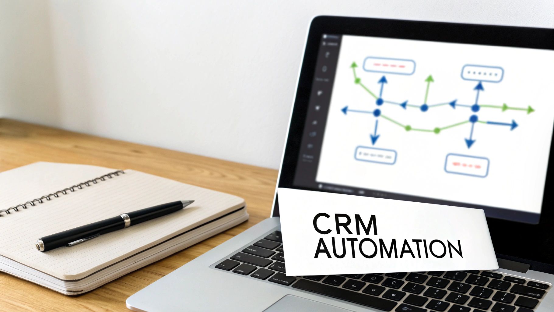 A laptop displaying a workflow diagram with a 'CRM AUTOMATION' note on the keyboard, beside a notebook and pen.