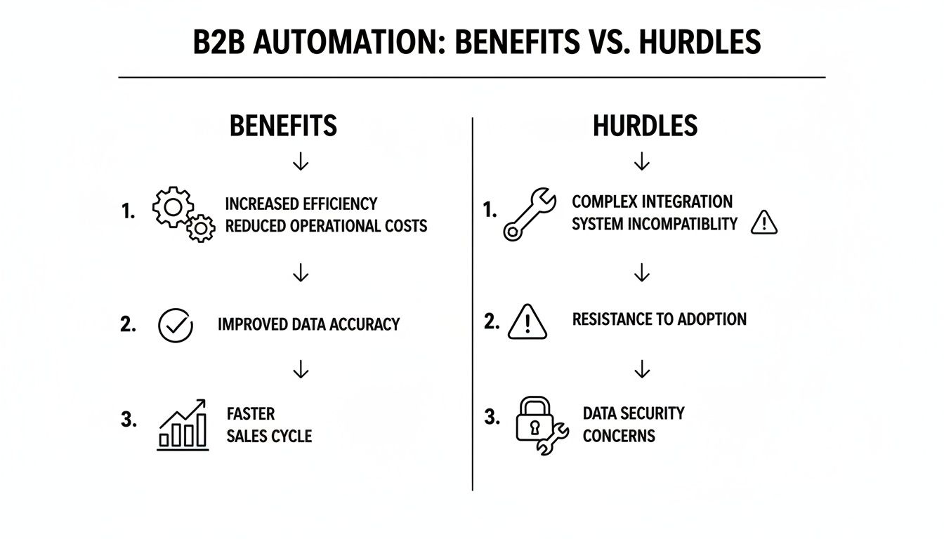 Infographic showing the benefits and hurdles of B2B automation, including efficiency, cost, data accuracy, integration, adoption, and security.