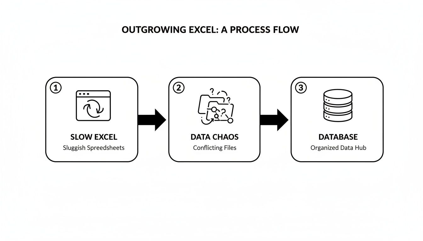 Process flow diagram showing the transition from slow Excel and data chaos to an organized database.