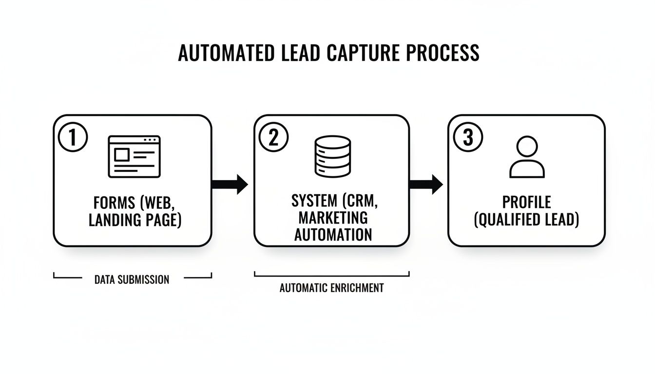 Diagram illustrating an automated lead capture process from web forms to a qualified lead profile.