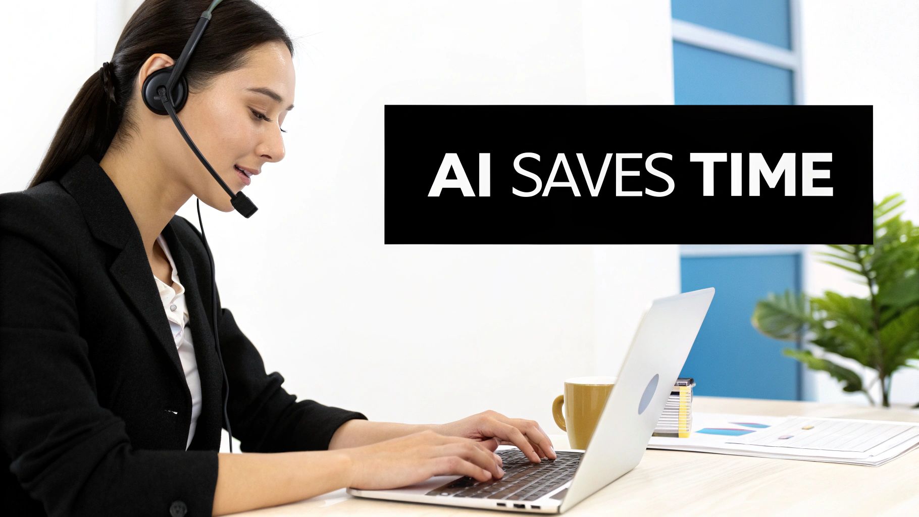 A female customer service agent with a headset types on a laptop, with text 'AI SAVES TIME' overhead.