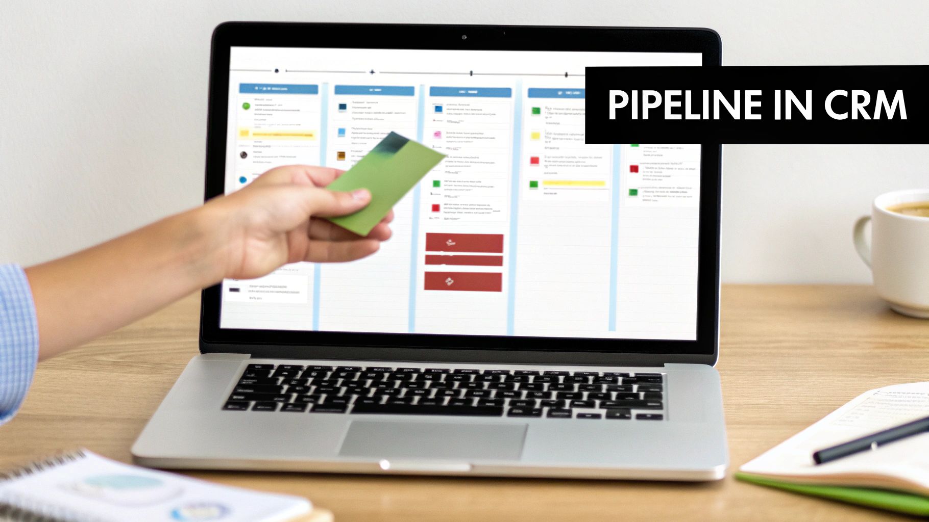 A hand moves a green card on a laptop displaying a CRM sales pipeline, with a coffee cup and notebook.