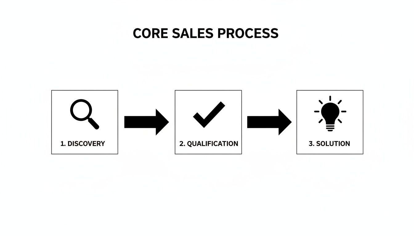 Flowchart illustrating the core sales process with three key steps: discovery, qualification, and solution.