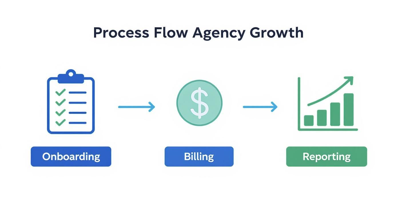 A process flow diagram showing steps for agency growth: Onboarding, Billing, and Reporting.