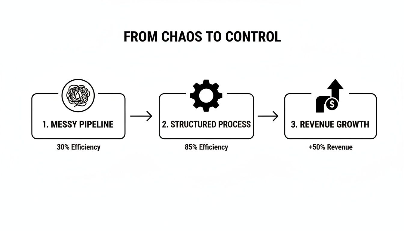 Diagram showing a three-step progression from a messy sales pipeline to a structured process, achieving revenue growth.