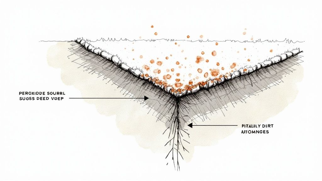 A detailed cross-section illustration of ground with a V-shaped trench, containing orange particles and extensive root growth.