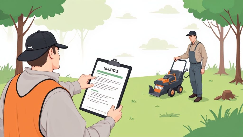 A certified arborist discussing a tree care plan with a homeowner in their yard.