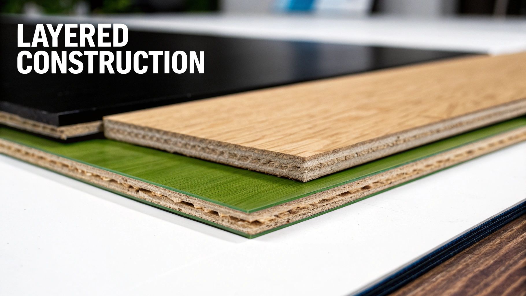 Cross-section view showing the layers of manufactured wood and laminate flooring side-by-side.