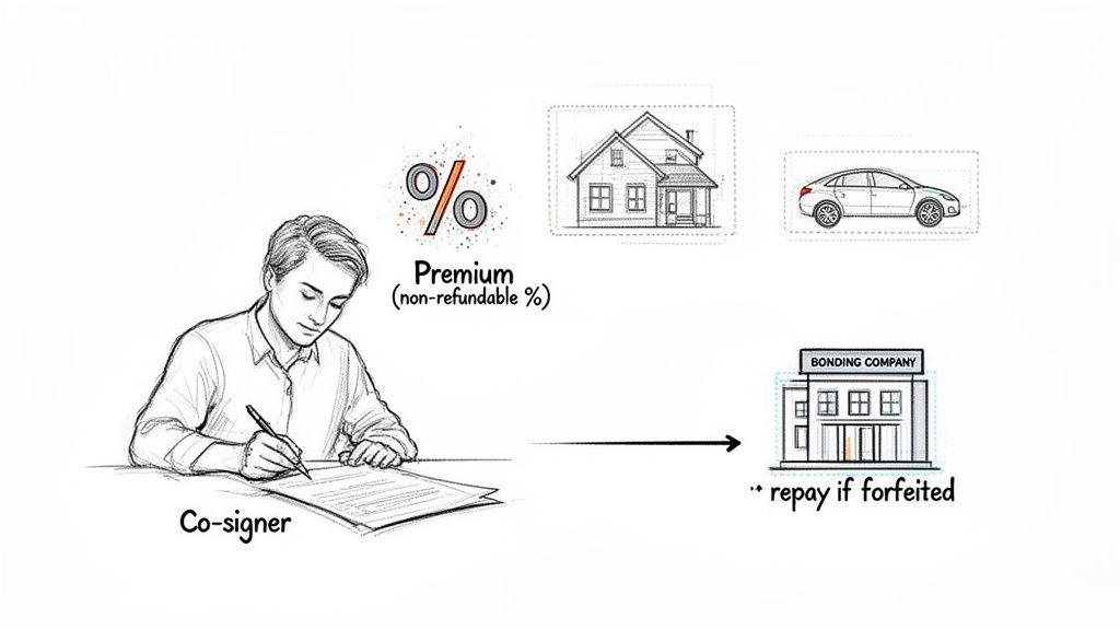 A co-signer signs documents, showing premium percentage, house, car, and a bonding company.