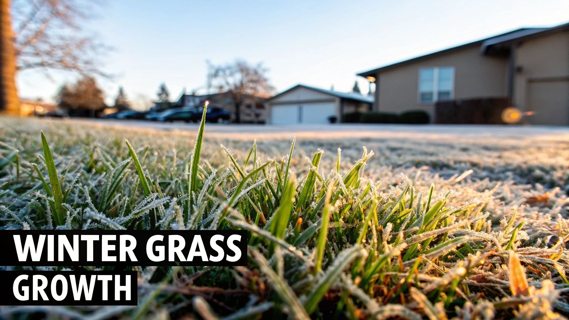 A close-up of dormant brown grass with a light frost covering the blades.