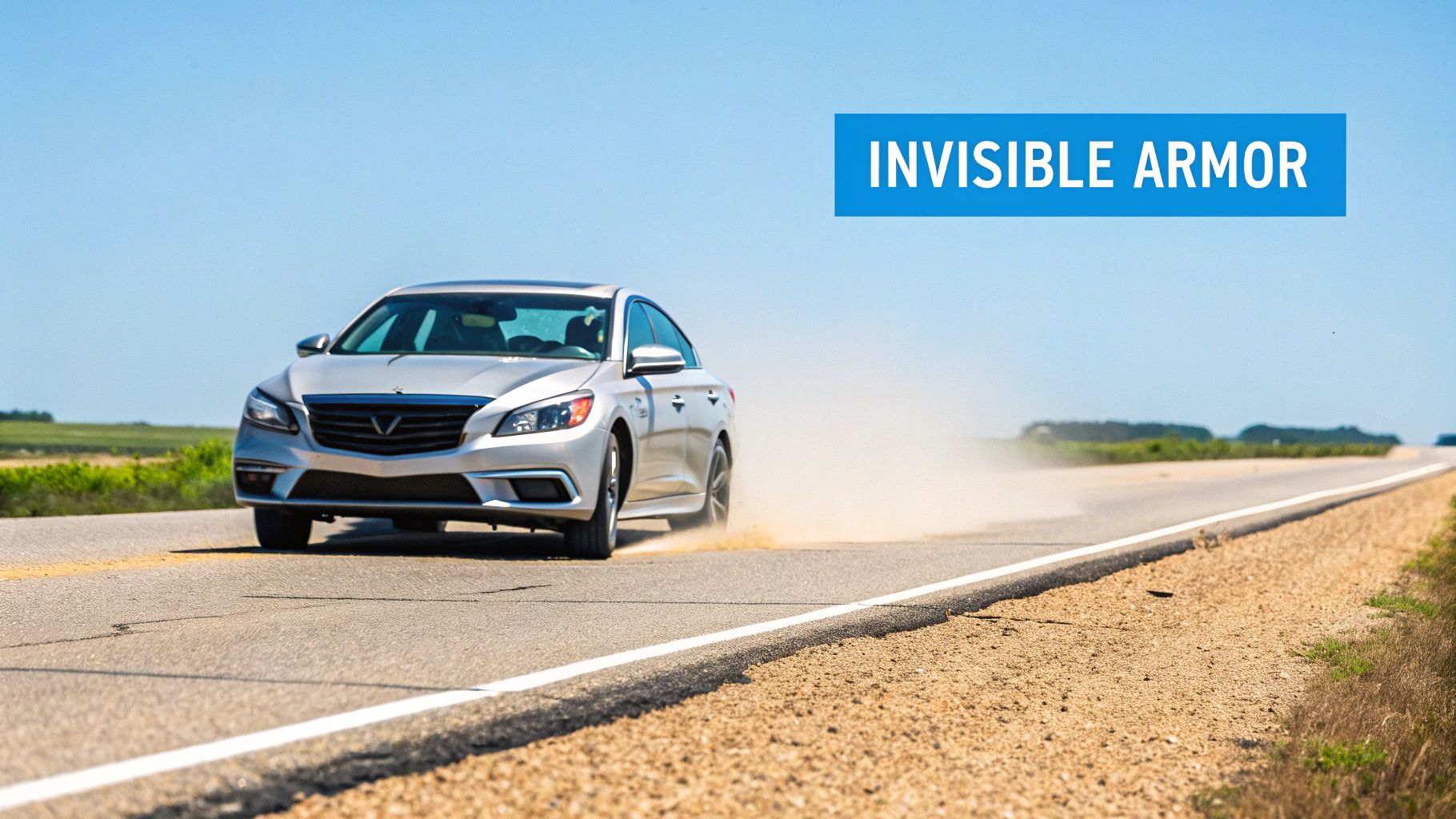 A silver sedan drives on a sunny road, kicking up a trail of dust, with a clear blue sky.