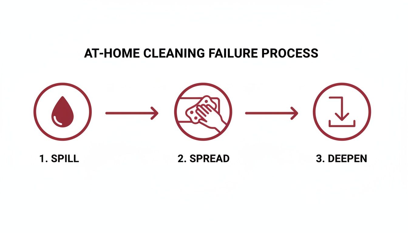 A diagram illustrating the at-home cleaning failure process with three steps: spill, spread, and deepen.