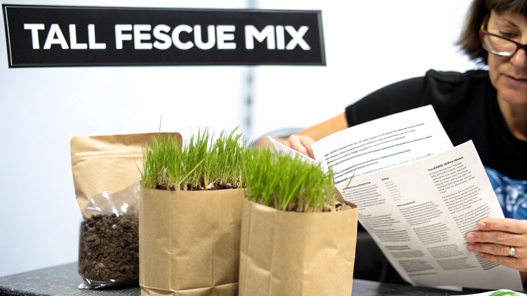 A woman reads instructions beside pots of sprouted grass and a bag of soil, with a 'Tall Fescue Mix' sign.