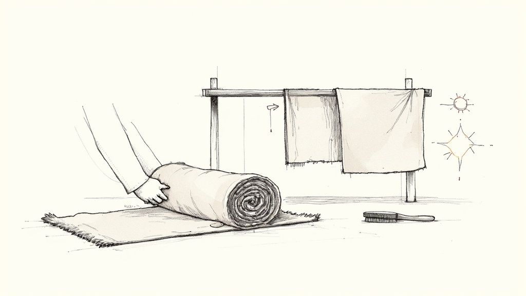 Hands rolling up a light-colored rug on the floor, with two drying rugs on a wooden rack and a brush nearby.