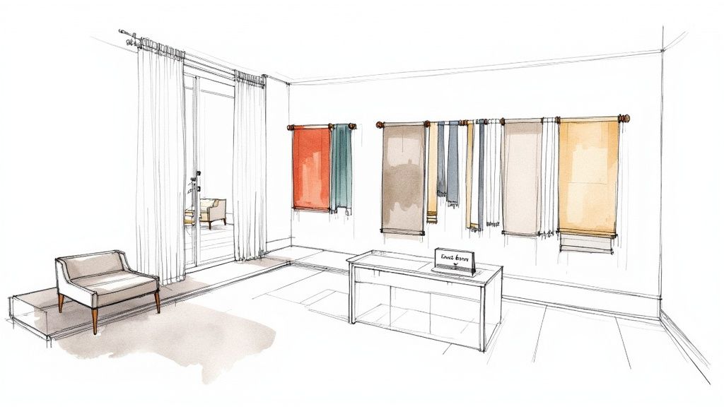 A hand-drawn sketch of a bright interior design showroom displaying colorful fabric samples and a modern chair.