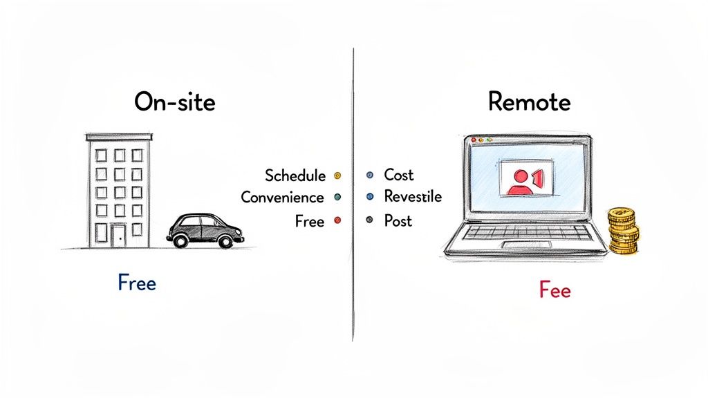 An illustration comparing on-site options like a building and car to remote work with a laptop, showing associated costs.
