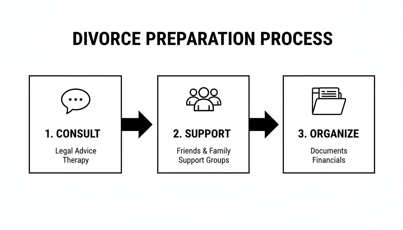 A flowchart showing three steps of the divorce preparation process: consult, support, and organize.