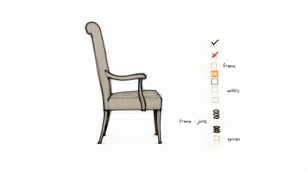 A close-up of a vintage wooden chair frame being inspected.