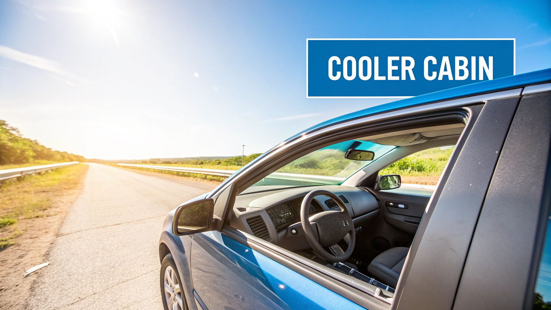 A blue car with an open door parked on a sunny road, highlighting a 'COOLER CABIN' text in the sky.