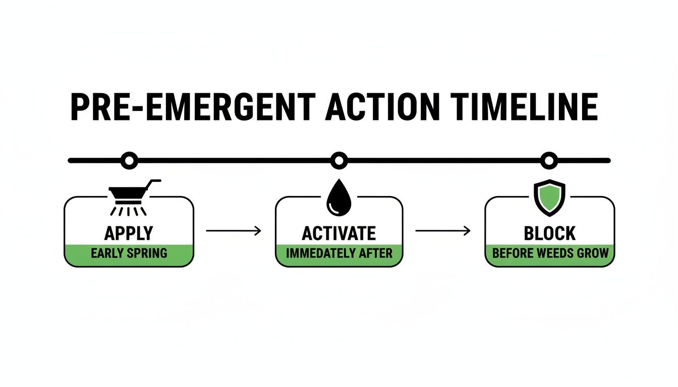 Timeline detailing pre-emergent weed control: apply in early spring, activate, and block before weeds grow.