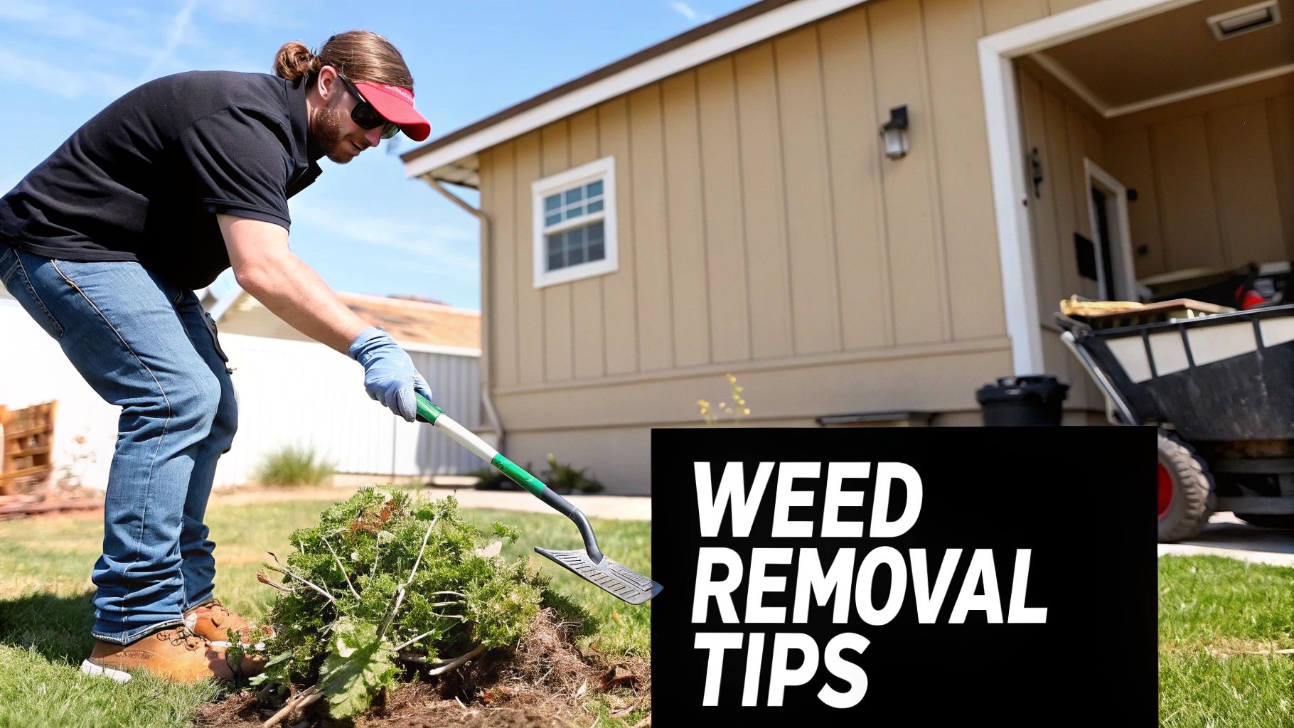 A man in a red visor and gloves uses a weeding tool to remove weeds from the grass.