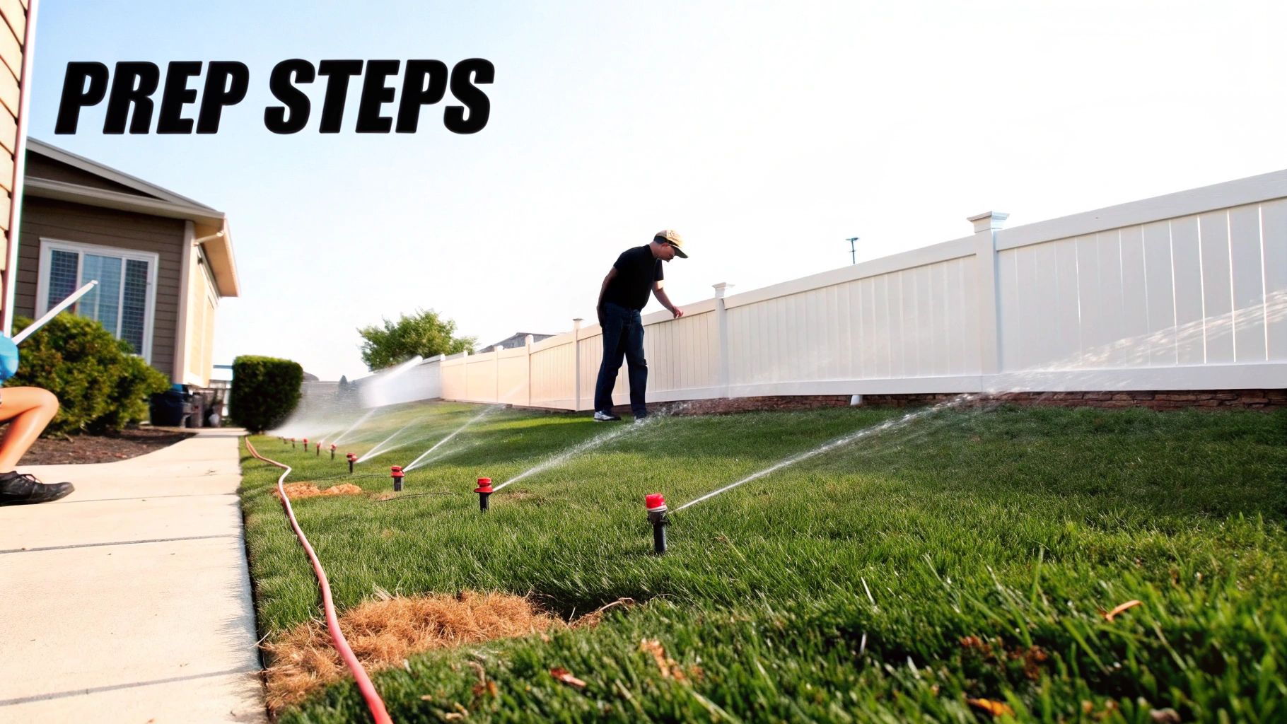 A homeowner watering their lawn in preparation for aeration.