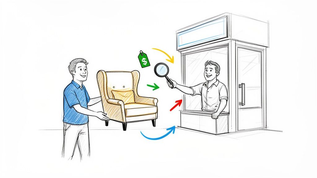 A man brings an armchair to a kiosk where an employee inspects it with a magnifying glass for consignment.