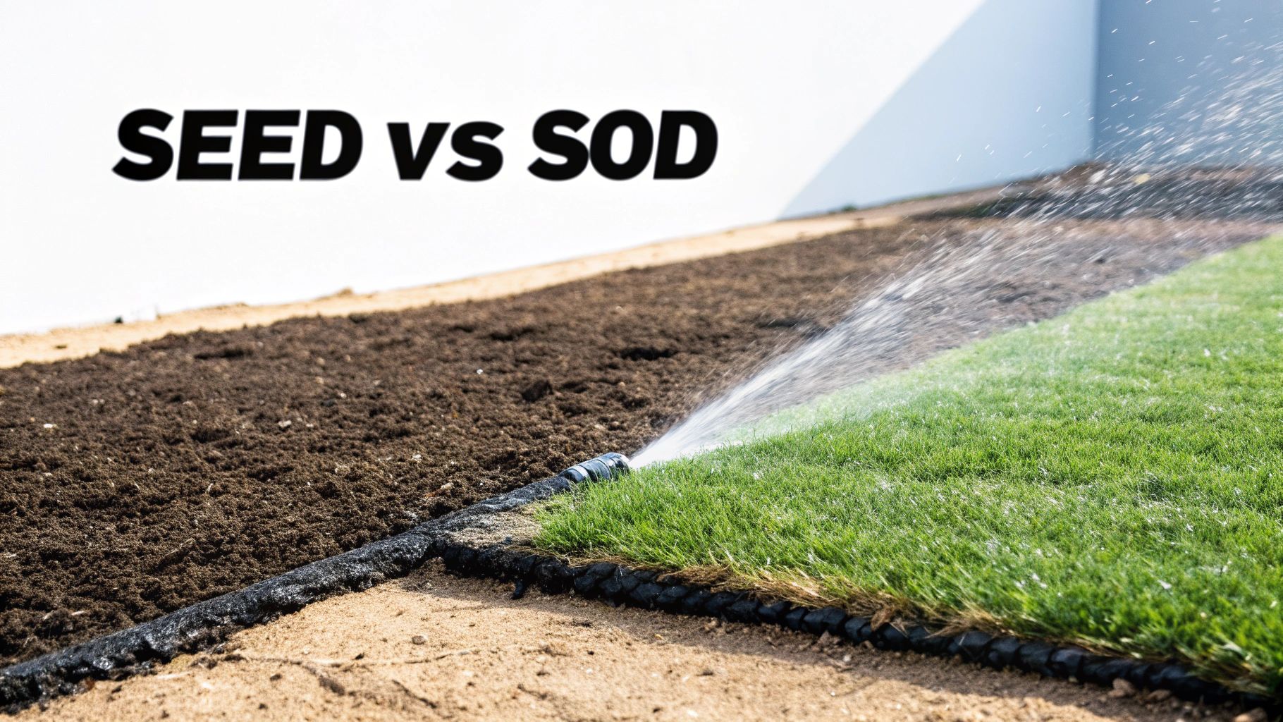 A side-by-side view showing bare soil for seeding next to newly laid sod being watered by a sprinkler.