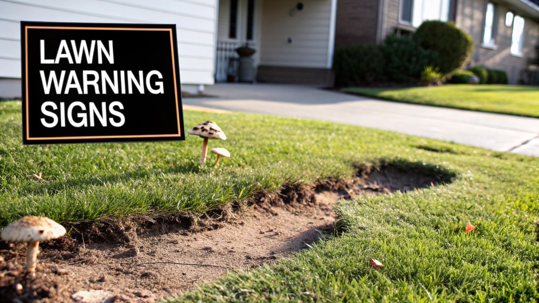 A green lawn showing various warning signs like mushrooms and a dirt trench next to a house.