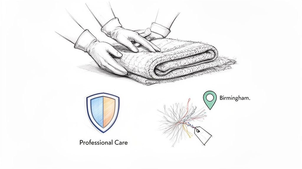 Illustration of professional care for textiles, including folding, a shield icon, and a Birmingham location.
