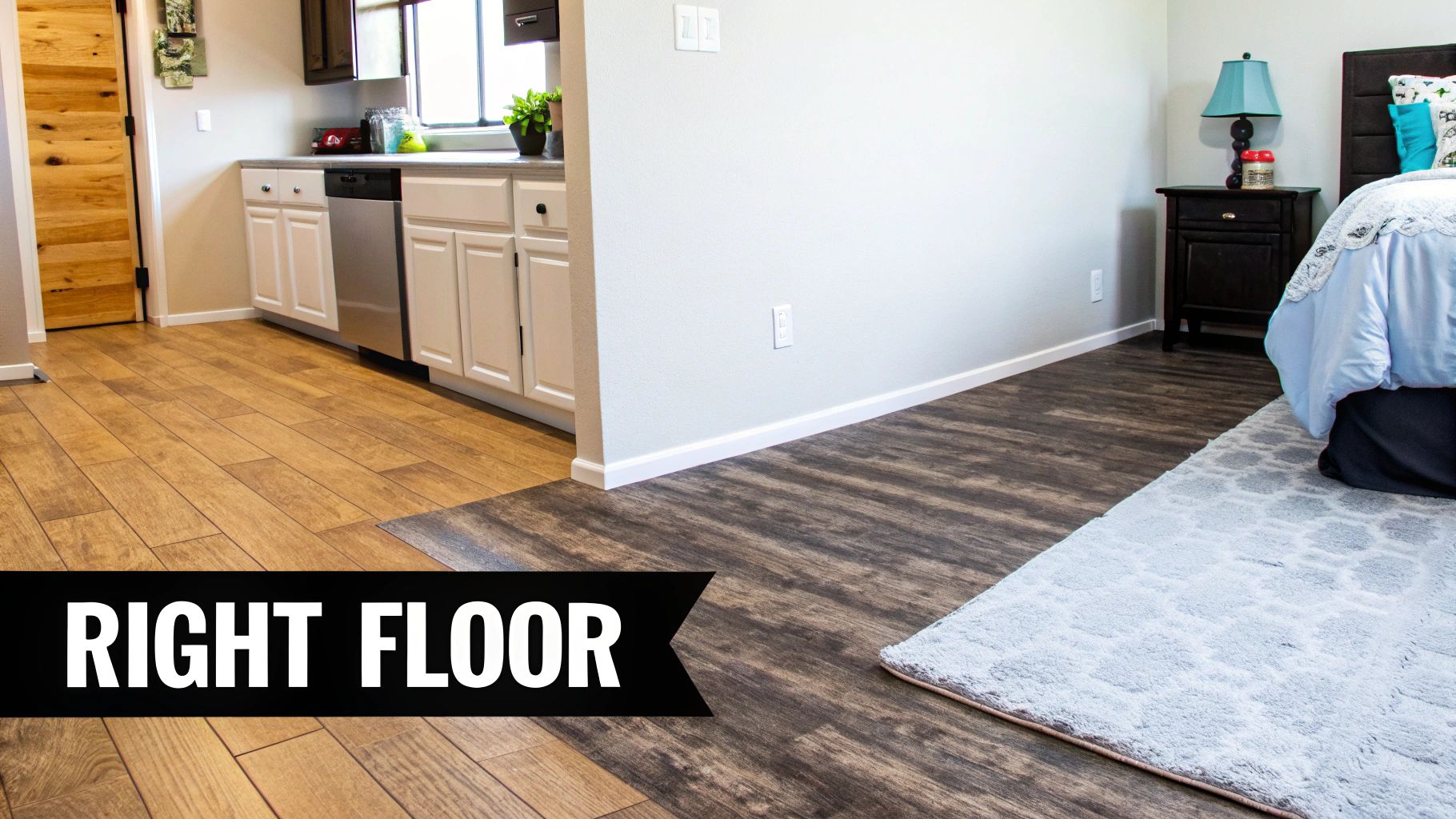 A modern living room with sleek vinyl plank flooring and large windows