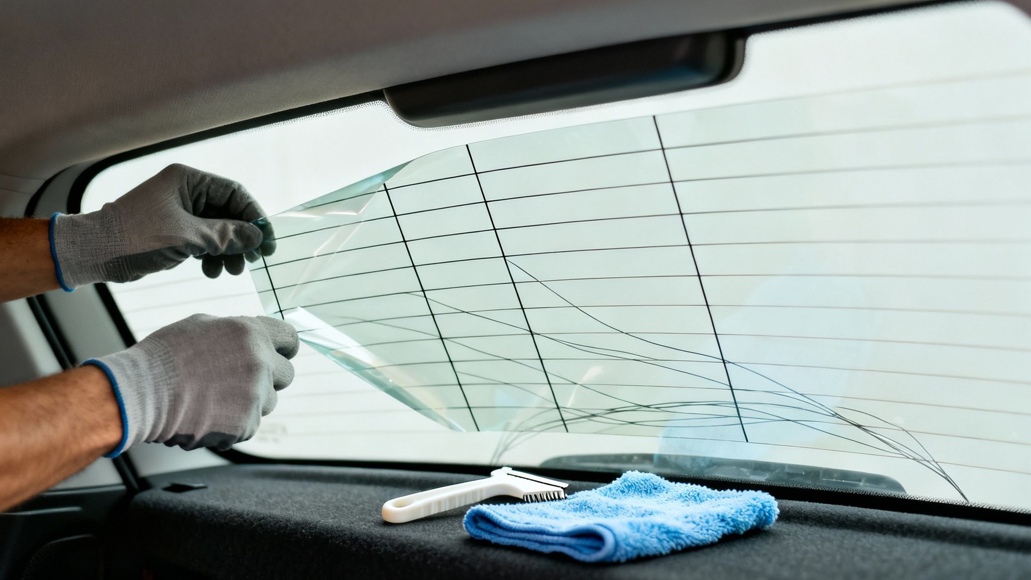 Hands in protective gloves carefully applying or removing tint film from a car's rear window.