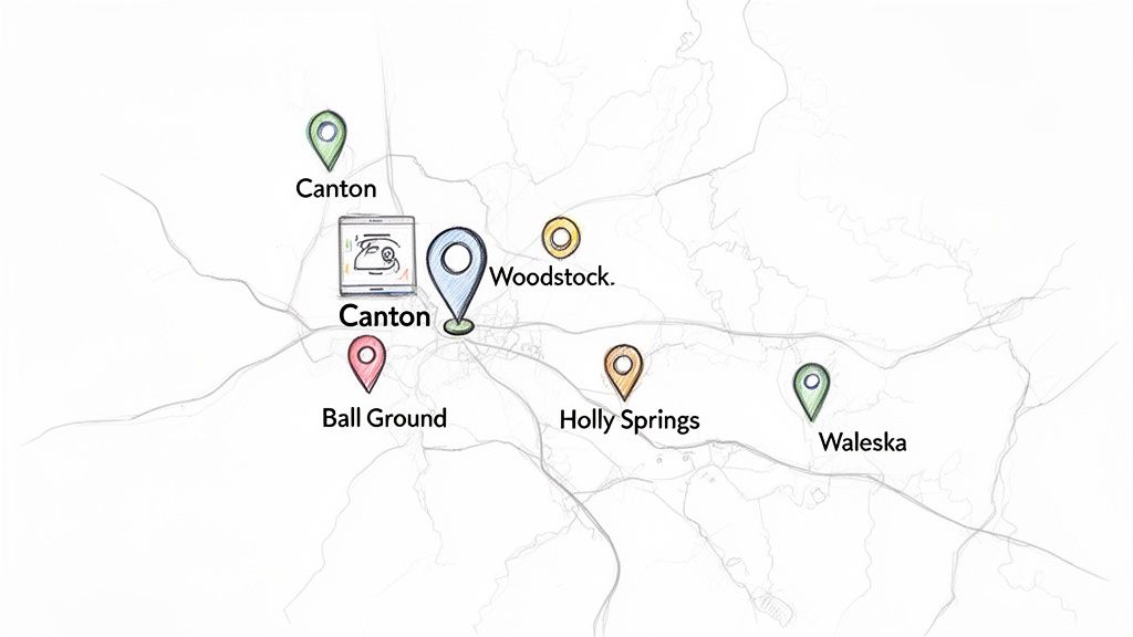Hand-drawn map showing several towns in Georgia including Canton, Woodstock, Ball Ground, Holly Springs, and Waleska, with location pins.