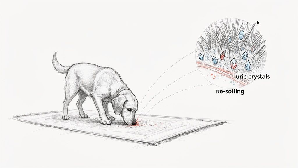A dog sniffs a stained rug, with a magnified view showing uric crystals in the fibers and text 'Re-soiling'.