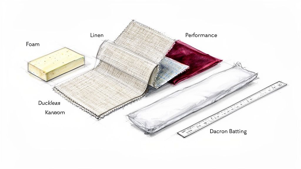 An assortment of upholstery materials including foam, linen, performance fabric, dacron batting, and a ruler.