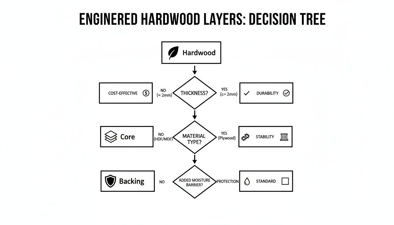 Flowchart illustrating engineered hardwood layers decision process based on thickness, material, and moisture protection.