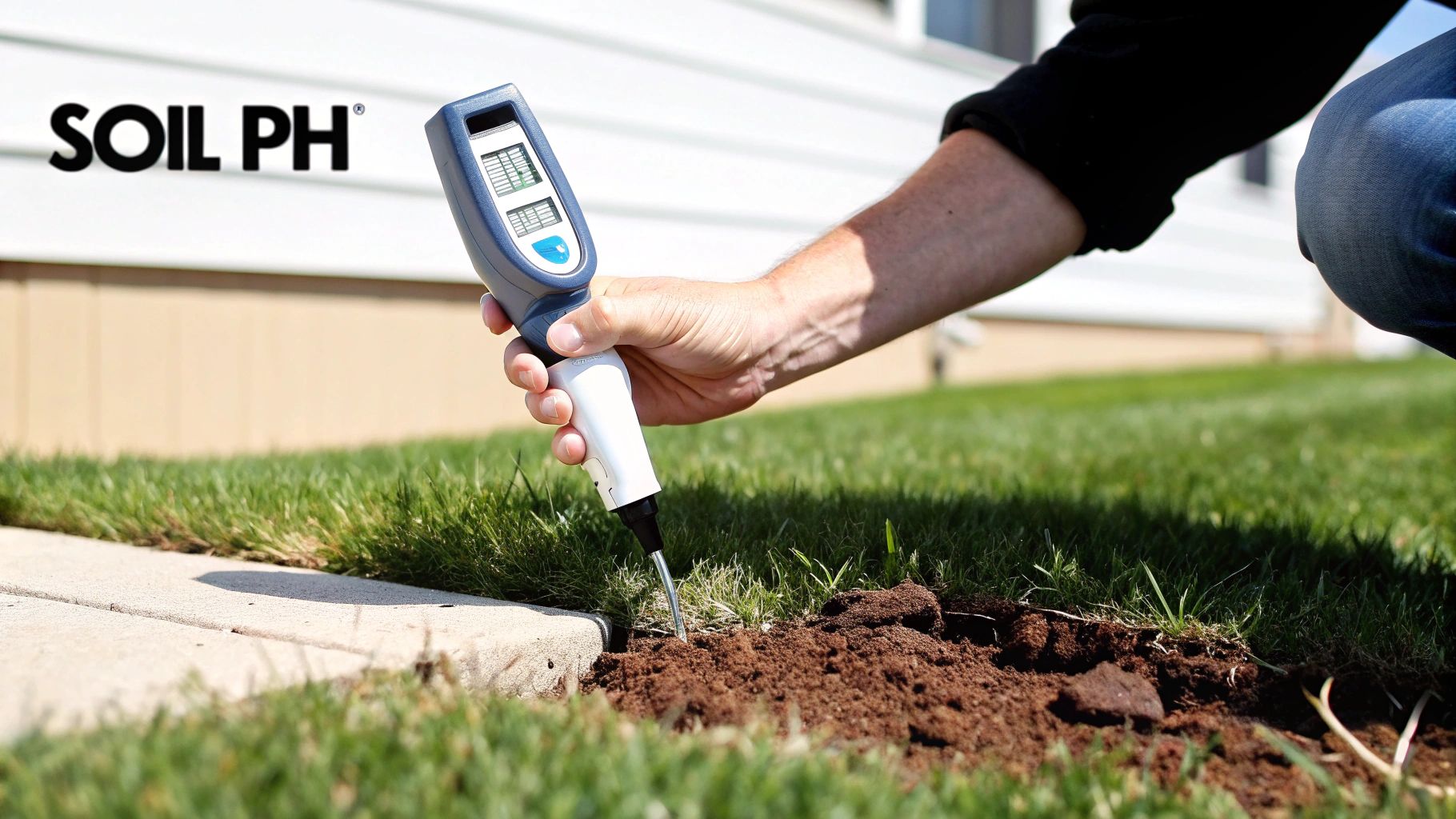 A hand holds a blue and white soil pH meter, testing soil in a lush green lawn.