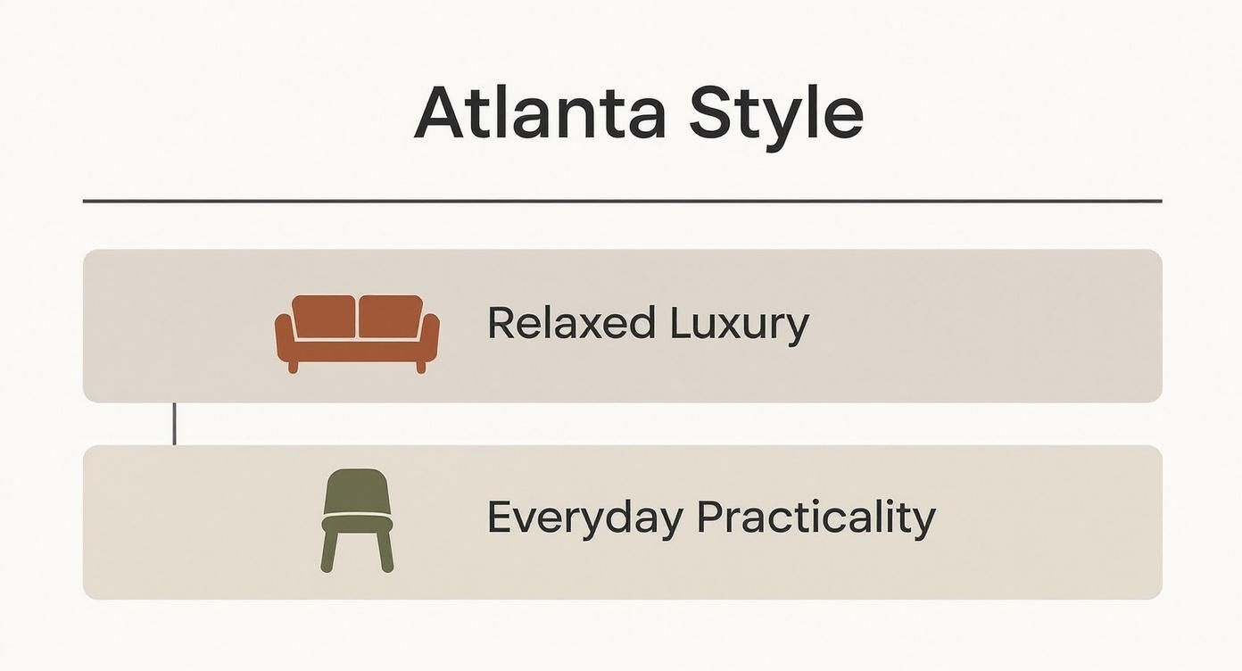 Infographic illustrating 'Atlanta Style' preferences, featuring 'Relaxed Luxury' (sofa) and 'Everyday Practicality' (chair).