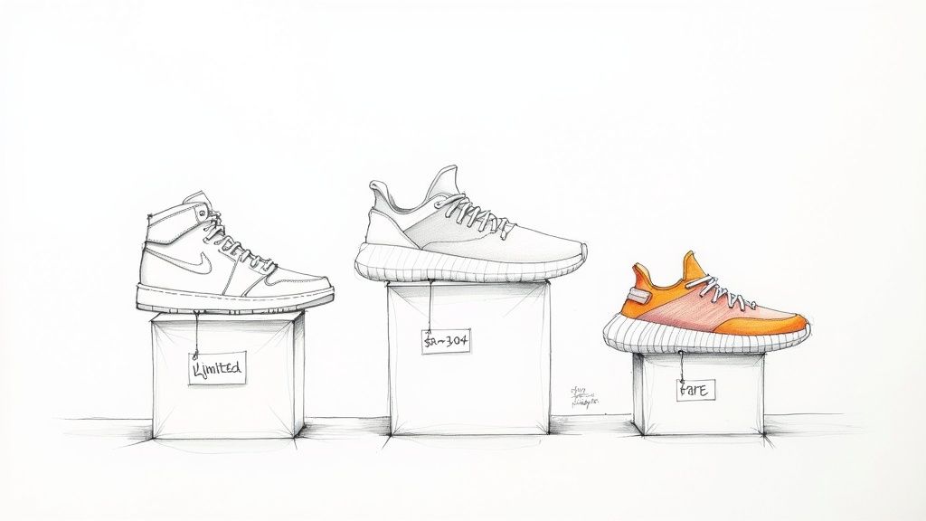 Three sneakers displayed on pedestals showing limited edition, rare, and exclusive shoe releases for resale