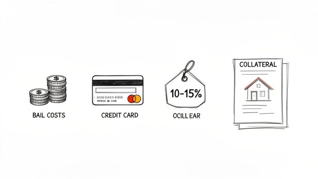 Illustrations showing various financial options for bail, including bail costs, credit card, percentage fees, and collateral.