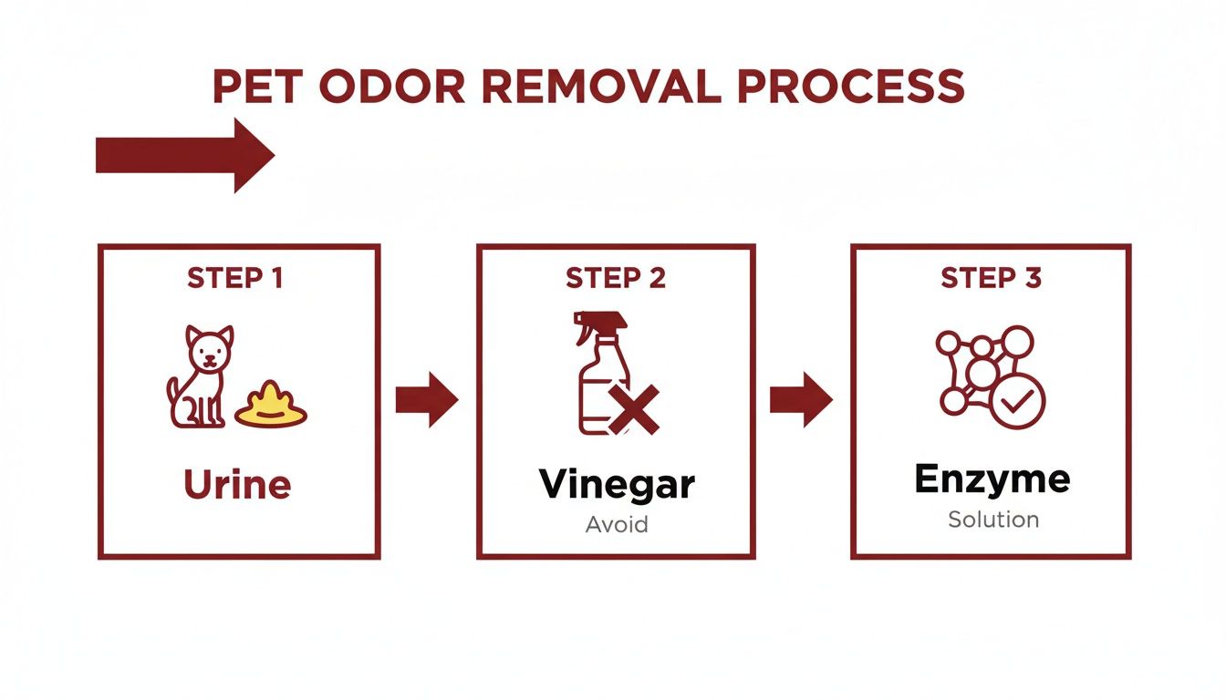 An infographic showing the pet odor removal process, starting with urine, avoiding vinegar, and using an enzyme solution.